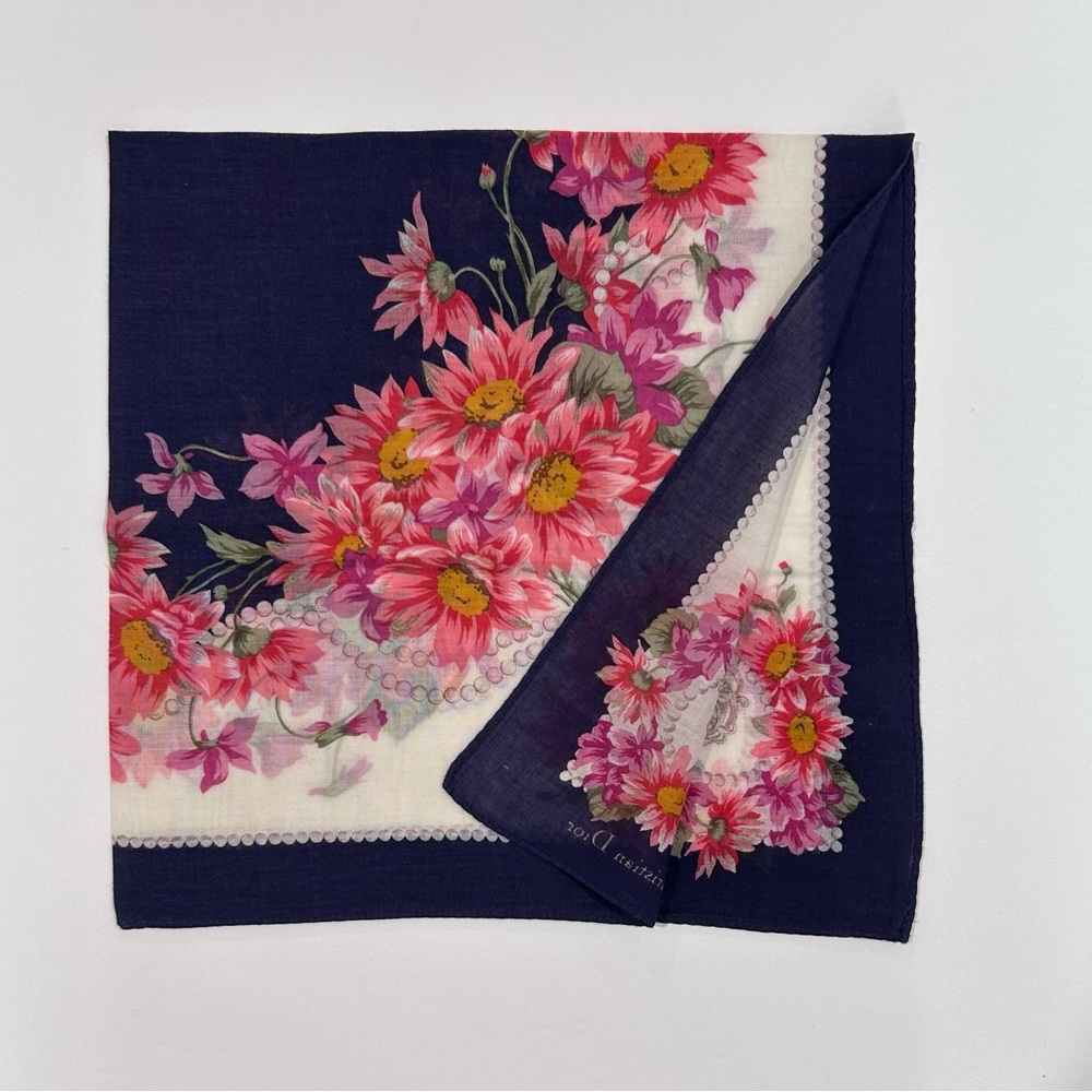 WOMEN HANDKERCHIEF CHRISTIAN DIOR Pink Purple Floral Mini Scarf COTTON 18” - Picture 4 of 6